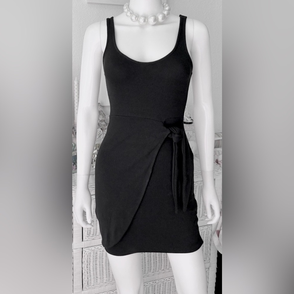Zara Faux Wrap Mini Dress Low Cut Cotton Knit Ribbed  Bodycon Black Size S NWT